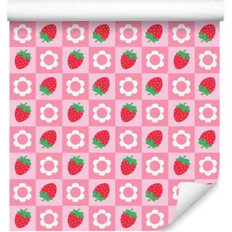 Papier peint Fraises et Marguerites, Rose poudré et Gris clair, 50 x 1000 cm (1/4)