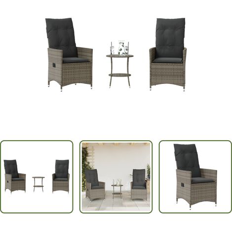 vidaXL Bistro-Set - 3-tlg. Bistro-Set mit Kissen Grau Poly Rattan (1/5)