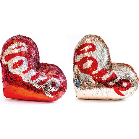 Set 2 Cuscino Arredo Forma Cuore Decorativo Imbottito Pajettes Scritta Love (1/5)