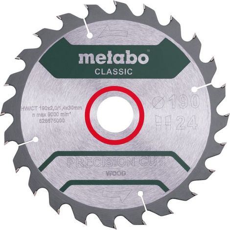 Metabo – Lame de scie circulaire 628675000 – 190 mm – Alésage 30 mm – 24 dents WZ – Pour bois dur et stratifié – Finition précise (1/2)