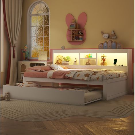 MEUBLIV Bett 90x200 cm weiß – mit LED, Stauraum, Ausziehbett & USB, ohne Matratze (1/5)
