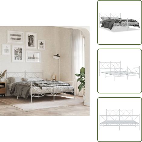 The Living Store Cadre de lit métal sans matelas et pied de lit blanc 150x200 cm - Cadre De Lit - Lit Double - Lit Metal - Lit Blanc - Meuble Chambre