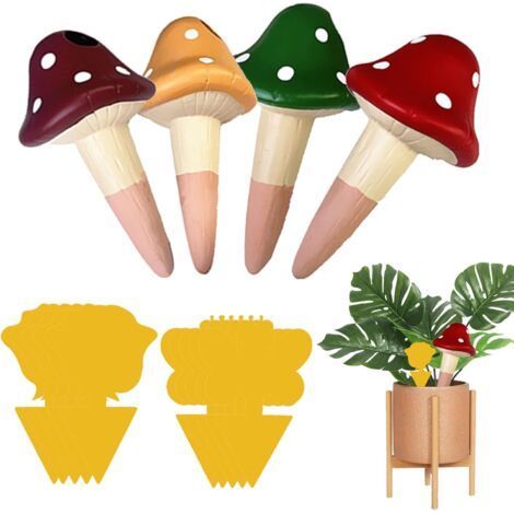 4 Pcs Automatic Plant Watering Cans, Ceramic Watering Mushroom with 10 Pcs Plant Labels Indoor Outdoor Automatic Drip Watering Device (1/5)