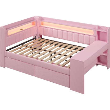 CAIziCanapé-lit capitonné 140x200 rose, USB LED, bureau intégré 2 tiroirs (1/5)