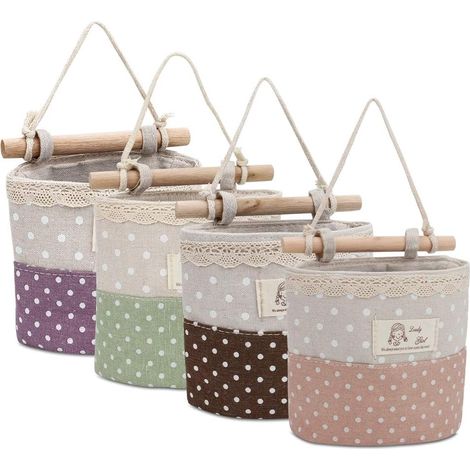 Sac de Rangement Suspendu - 4 Pièces - Panier en Coton et Lin - Pour Porte ou Mur - Chambre Cuisine Salle de Bain - 16 x 15 x 3 cm (1/5)