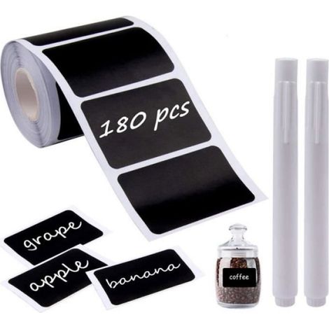 180 Pcs Étiquettes Autocollantes Noires Étiquettes imperméables avec 2 stylos à craies blanches pour le rangement -60 40 mm (1/4)