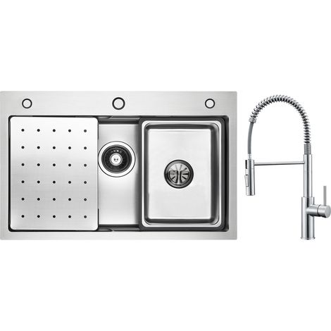 Cecipa Lavello Cucina Lavello 1 Vasca 70×45 cm con Gocciolatoio/Vasca/Dispenser Sapone + Miscelatore Cucina a Molla con Doccetta Estraibile, Rubinetto Lavello 2 Modalità Uscita Acqua, Spazzolato (1/5)