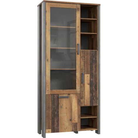 Vitrine 3 portes 14 niches bois vieilli et béton gris – Design rustique moderne – Dimensions 205x92x42 cm – Fabriquée en Europe – Meubletmoi (1/5)