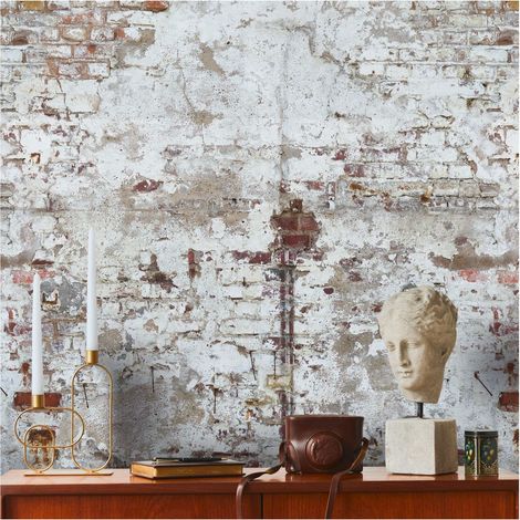 Photo wallpaper Profhome 392381 hot embossed non-woven wallpaper smooth brick look matt white cream grey brown 1.59 m x 2.8 m (1/4)
