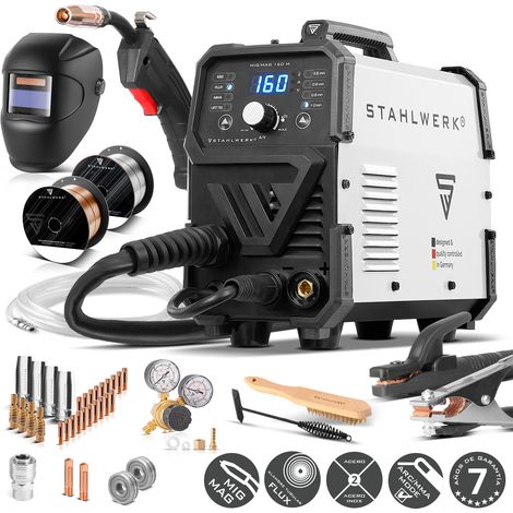 STAHLWERK Soldador combinado 160 M (Equipo completo) – sinérgico 5 en 1, 160 A, arrastre 2 rodillos, MIG MAG FLUX ARC MMA Lift-TIG, refrigeración inteligente, protección térmica, set completo