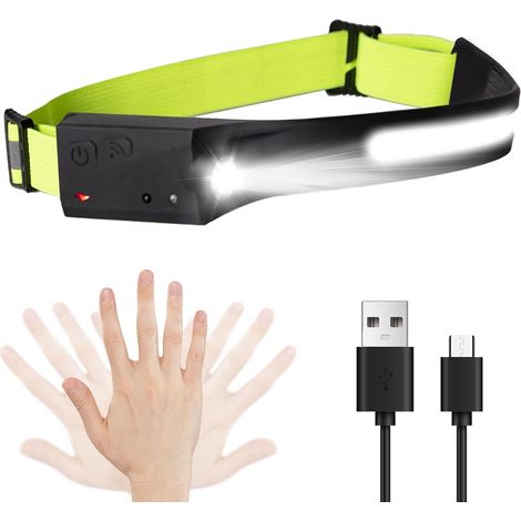 Lampe frontale LED rechargeable, faisceau large COB et projecteur, charge USB, 5 modes, phare étanche avec détecteur de mouvement et bandeau réfléchissant pour jogging, cyclisme, camping (1/5)