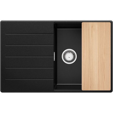 PRIMAGRAN Evier Cuisine en Granit 78x50cm, Lavabo 1 bac + Kit de Vidage + Planche à Découper, Évier à Encastrer au meuble 50cm - Copenhague, Noir