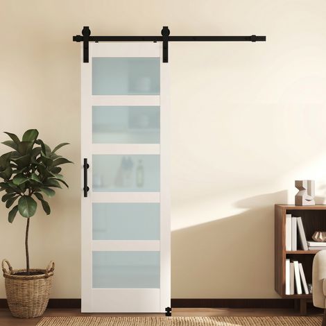 Puerta Corredera Interior 71x213 cm con Kit de Montaje, MDF y Vidrio Esmerilado, Riel y Herrajes, Blanco (1/5)