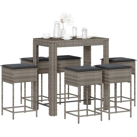 7-tlg. Gartenbar-Set mit Kissen Grau Poly Rattan