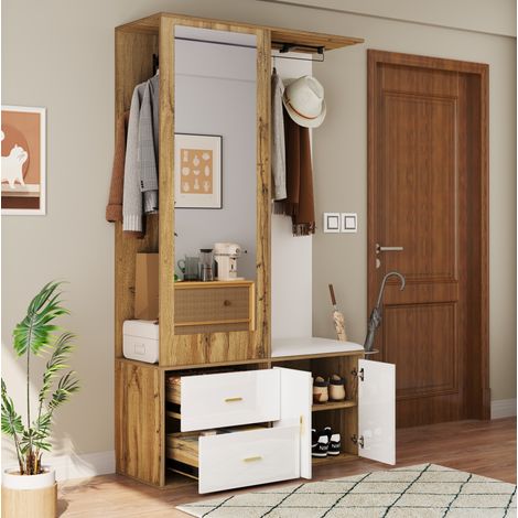 Mueble zapatero de entrada con espejo, banco y barra telescópica, blanco y madera DESVIAE (1/5)
