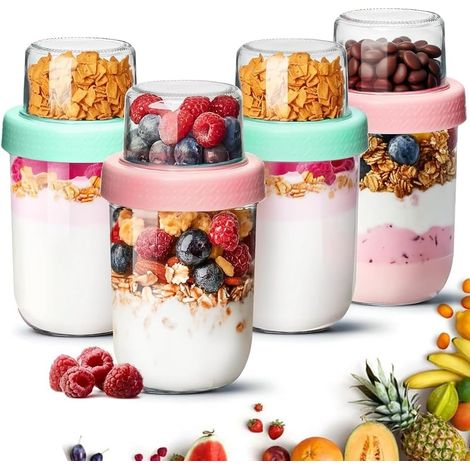Pots à Yaourt en Verre 480 + 120 ml Lot de 4 à Double Compartiment  Séparation sèche et humide, Pour granola et céréales, Bureau et école, Pique-nique (1/5)