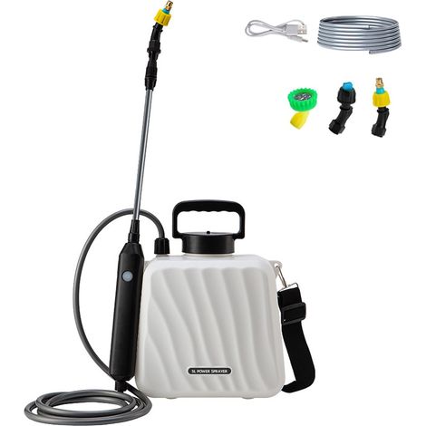 Pulverizador eléctrico de jardín de 5 l con 3 boquillas ajustables, manguera de 3 m y mango telescópico, recargable por USB, color blanco. (1/5)