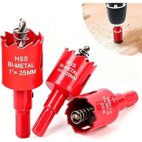 Kit de 3 scies cloches bimétal (16mm, 20mm, 25mm), coupe-trou pour bois, plastique, UPVC, MDF et plâtre, kit de forets durables pour coupe précise