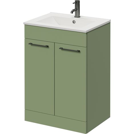 Napoli 460 Olive Green 600mm 2 Door Vanity Unit with Angel Basin - 600mm - Gunmetal Grey 160mm Handle