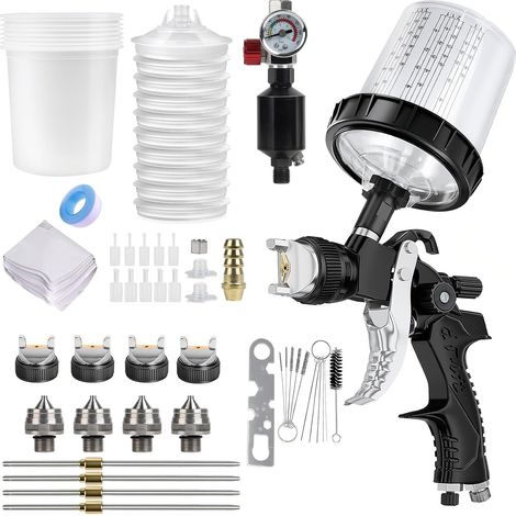 HVLP Air Spray Gun with 4 Nozzles 1.4/1.7/2.0/2.5mm, with 600ml Measuring Cups, 10 Disposable Color Mixing Cups and Lids, 20 Filters (Black) (1/5)