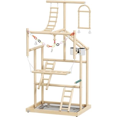 Soporte para pájaros, juego de perchas para pájaros, 4 niveles, bandeja de acero inoxidable, juguete, madera natural en el lugar. (1/5)