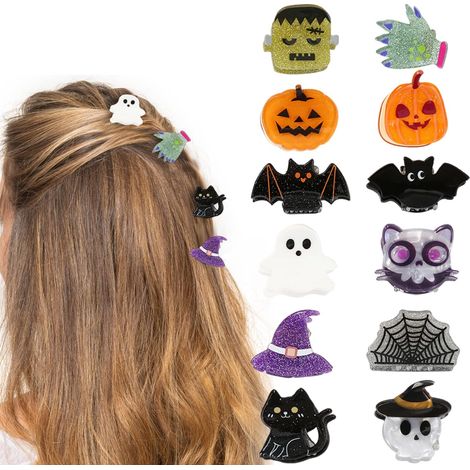 Lot de 12 pinces à mâchoires Halloween mini assorties : citrouille mignonne, fantôme, chauve-souris, chapeau de sorcière, toile d’araignée, chat monstre, pinces à cheveux pailletées à bonne tenue, acc (1/5)