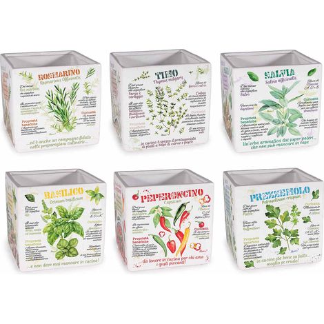 Vasi quadrati erbe aromatiche in ceramica con decori e scritte, set da 6 pezzi, cm 14 x 14 x 14 H