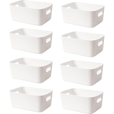 Aufbewahrungsbox Set, 8 Stück, 30 cm, Kunststoff Organizer mit Griffen, Weiß, Stapelbare Körbe für Badezimmer und Küche (1/5)