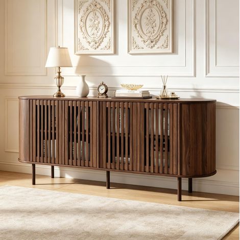 Credenza da soggiorno 160x40x70 cm con 4 ante scorrevoli forate, ripiani regolabili, in MDF e gambe in metallo, color noce (1/5)
