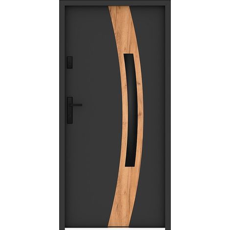 Porte d'entrée en acier vitrée avec inox H207 x L100 cm - verre fumé - anthracite et effet chêne - épaisseur 55 mm - poussant droit - TROFA