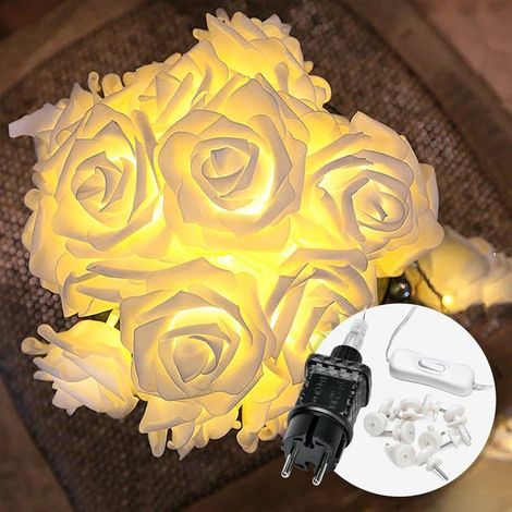 1 guirlande lumineuse intérieure roses, 5 m avec 20 fleurs LED blanc chaud, câble transparent, idéale chambre adulte ou enfant