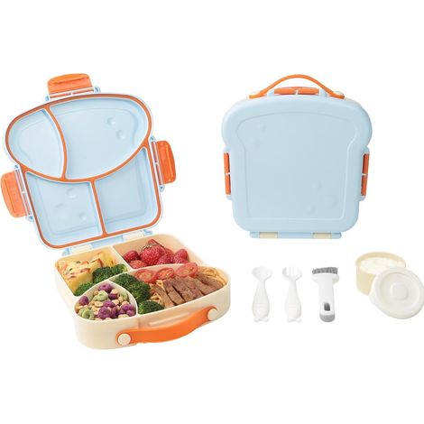 Boîte à lunch Bento pour enfants en forme de toast - Récipient alimentaire réutilisable à 4 compartiments avec pot à sauce, ustensiles et brosse - Sans BPA, compatible micro-ondes et congélateur - Ble (1/5)