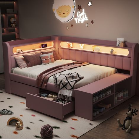 Bettsofa 90x200 cm Rosa, gepolstert, MDF/Schichtholz, mit Kopfteil, USB, LED, 2 Schubladen und Schuhschrank (1/5)