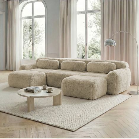 Sofá modular en U, tejido tipo felpa, sin montaje, color caqui claro,204x179x73 cm (1/5)