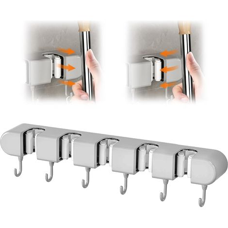 Accroche Balai Mural, 5 Support et 6 Crochets, Support Balais Mural Sans Percage, Porte Outils de Jardin Mural, Supports de Serpillère(Gris) (1/5)