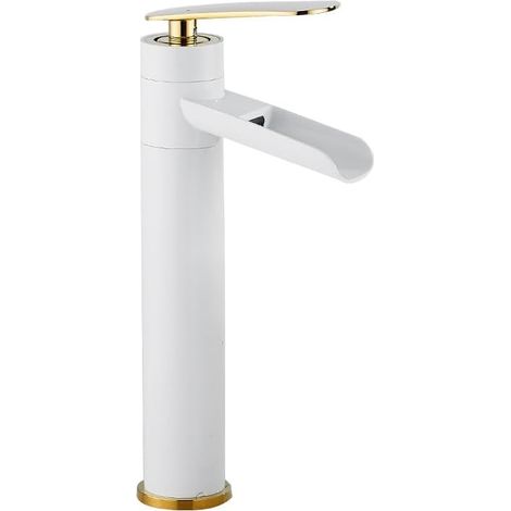 Grifo de baño de un solo orificio con grifo de agua fría y caliente, blanco y dorado, grifo de lavabo de baño alto de un solo orificio (1/5)