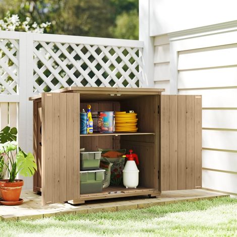 Coffre de rangement extérieur en bois avec toit bitumé, armoire de jardin étanche avec étagère réglable, gris foncé, terrasse et jardin (1/5)