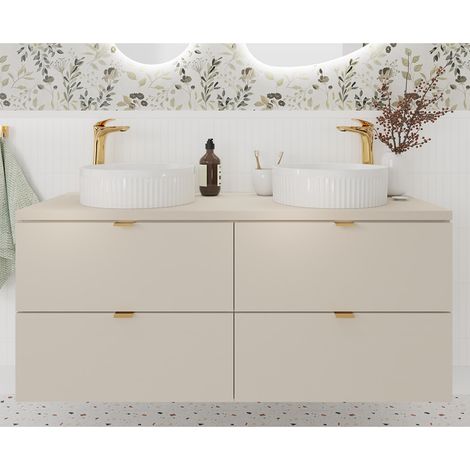 Badezimmer Doppelwaschtisch mit 120 cm Breite in Beige, 2 Aufsatzwaschbecken & 4 Schubladen - DURANGO-56 (1/5)