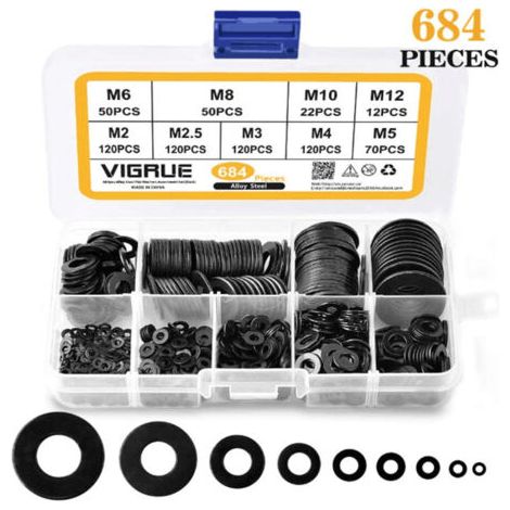 Rondelles plates en métal, 684 pièces en acier inoxydable,noires en acier carbone,rondes en métal (M2/M2.5/M3/M4/M5/M6/M8/M10/M12/mm) 9 types de rondelles pour boulons et vis (Noir) (1/5)