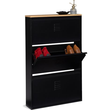 Idmarket – Meuble à chaussures 9 paires 3 portes métal noir – Plateau bois – Dimensions 65x15x103 cm – Design industriel moderne