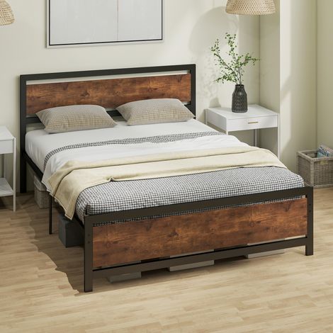 Struttura letto matrimoniale 200 x 160 cm in acciaio con rete a doghe e testiera, compatibile con materasso, finitura legno scuro.