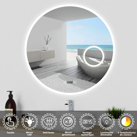 Ocean LED miroir de salle de bain rond tactile 60x60cm avec horloge miroir grossissant 3 couleurs dimmable anti-buée et fonction mémoire (1/5)