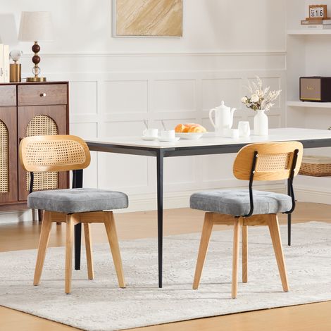 Set de 2 chaises pivotantes 360°, chaises cuisine style mid-century moderne, dossier tressé et assise rembourrée, pour salle à manger et chambre, gris, chenille (1/5)