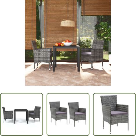 vidaXL Gartenessgruppe - 3-tlg. Garten-Essgruppe mit Kissen Poly Rattan Grau (1/5)