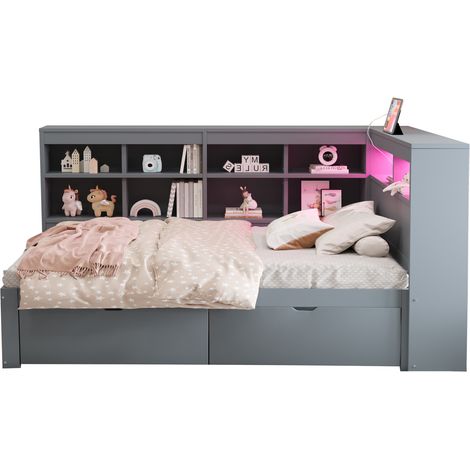 Canapé lit bois massif 90x200, compartiments, lit avec USB et prise LED, étagères et niches, lit simple bois multifonction, gris, matelas non inclus, gain de place (1/5)