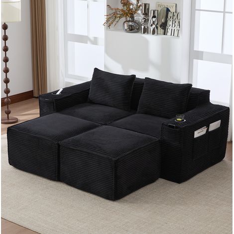 Divano modulare 2 posti con 2 pouf, portabicchieri e tasche, velluto a coste nero, OKMYHOME (1/5)