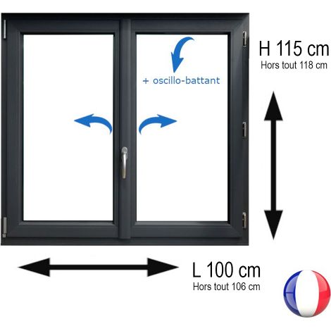 Fenêtre PVC 2 vantaux H 115 x L 100 cm OB anthracite pour pose en neuf avec poignée