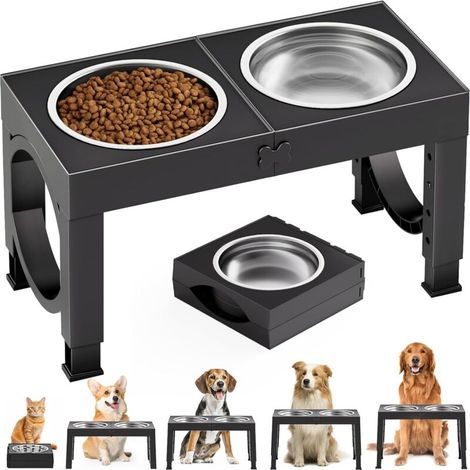 Gamelle surélevée pour chiens de petite à moyenne taille, 4 supports de gamelles réglables en hauteur jusqu'à 8 cm, 23 cm, 27 cm, 31 cm avec 2 gamelles de nourriture pour chien en acier inoxydable, ga (1/5)