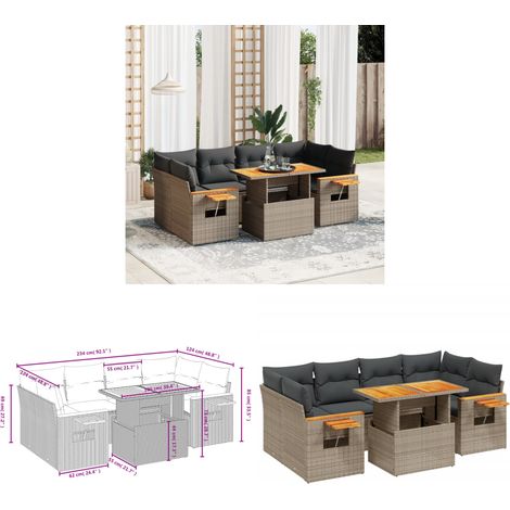 Salon de jardin avec coussins 7 pcs gris résine tressée - Ensemble Salon De Jardin - Meuble Extérieur - Résine Tressée - Rotin Synthétique - Table Extensible - Home & Living (1/3)