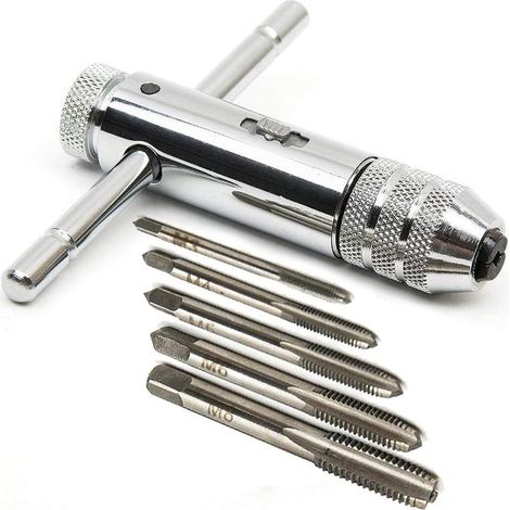 Clé à taraud en forme de T – Acier allié chromé – 5 tarauds M3-M8 – Action cliquet rapide – Pour usinage précis (1/5)